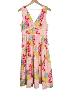 NSR Floral Lace Midi Dress Butterflies Pink Yellow NWT Medium
